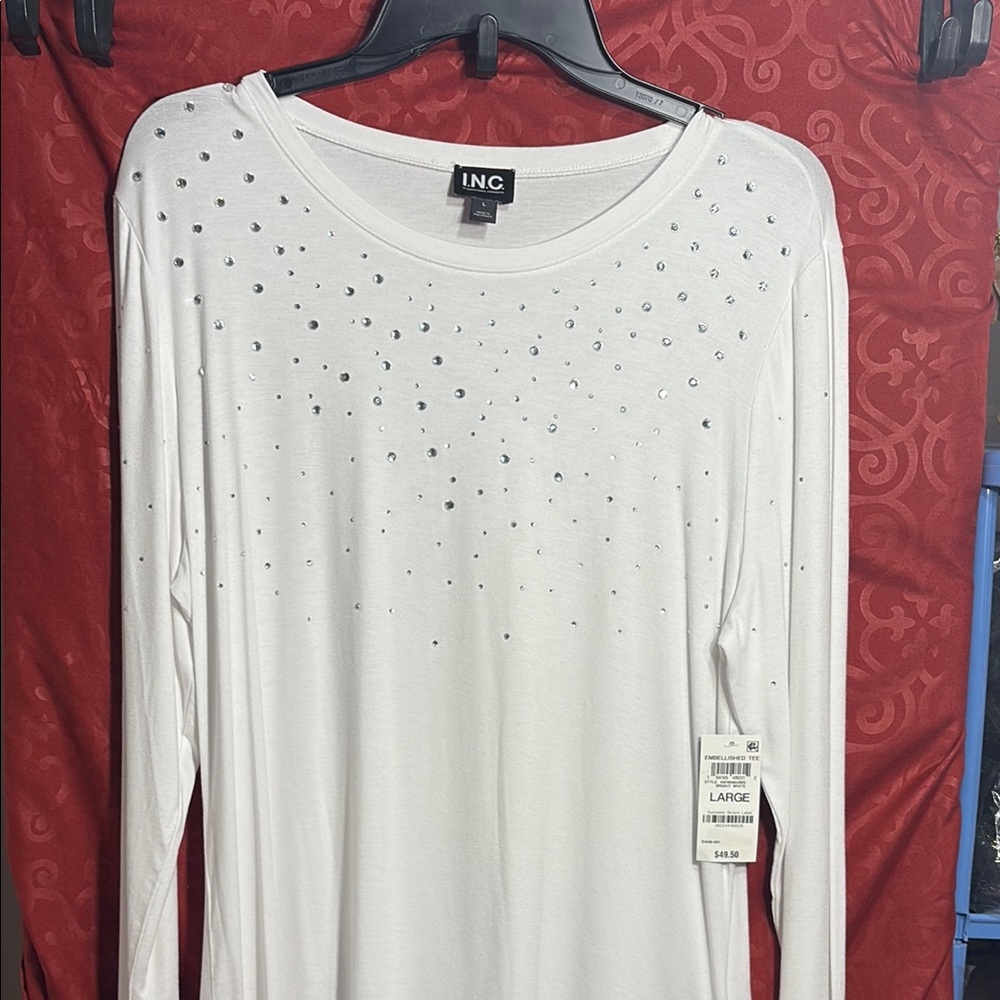 INC International Concepts White Embellished Tee Size L - NWT